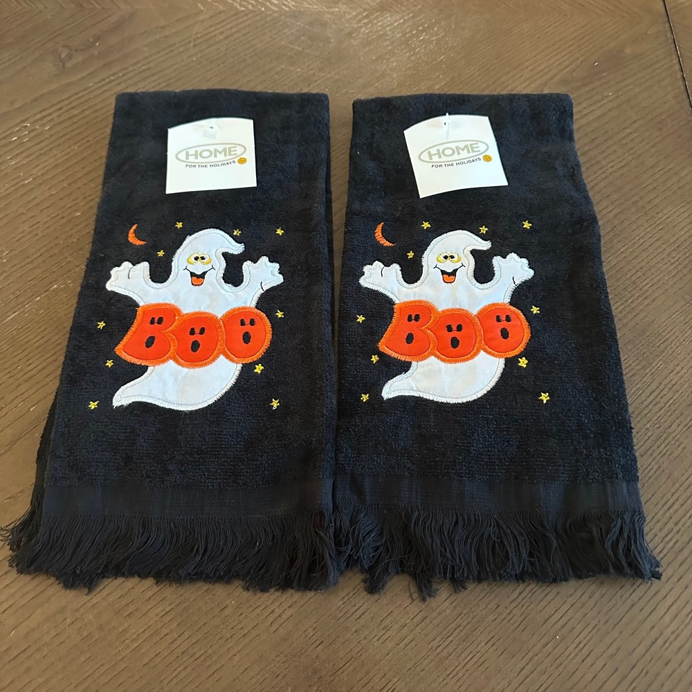 Home For The Holidays Halloween Ghost‎ Boo Hand Towels Black Fringe Set of 2 NEW